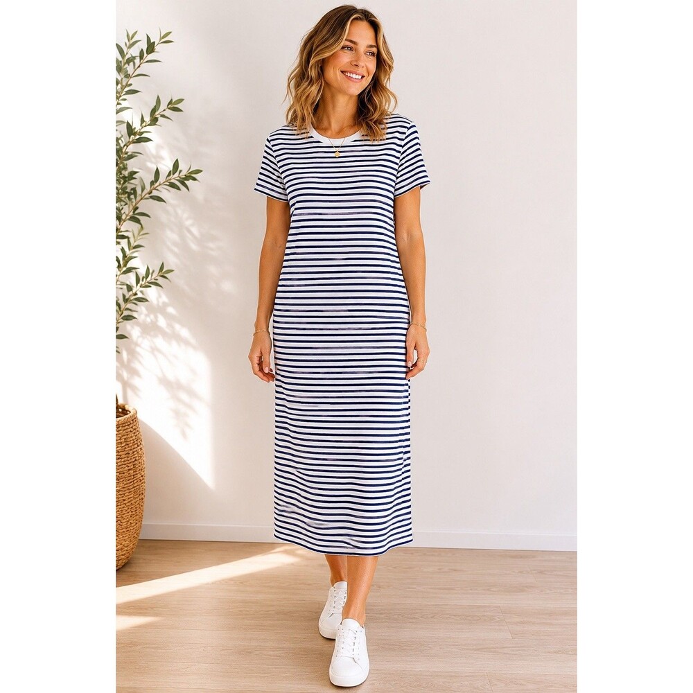Frank & Eileen Harper Tee Dress Large Navy White Stripe Cotton Maxi Nautical